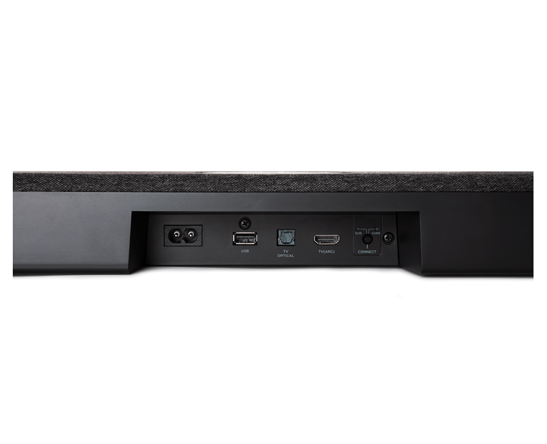 Schwarze Soundbar-Rückseite mit Anschlüssen für USB, optisch, HDMI und Strom.