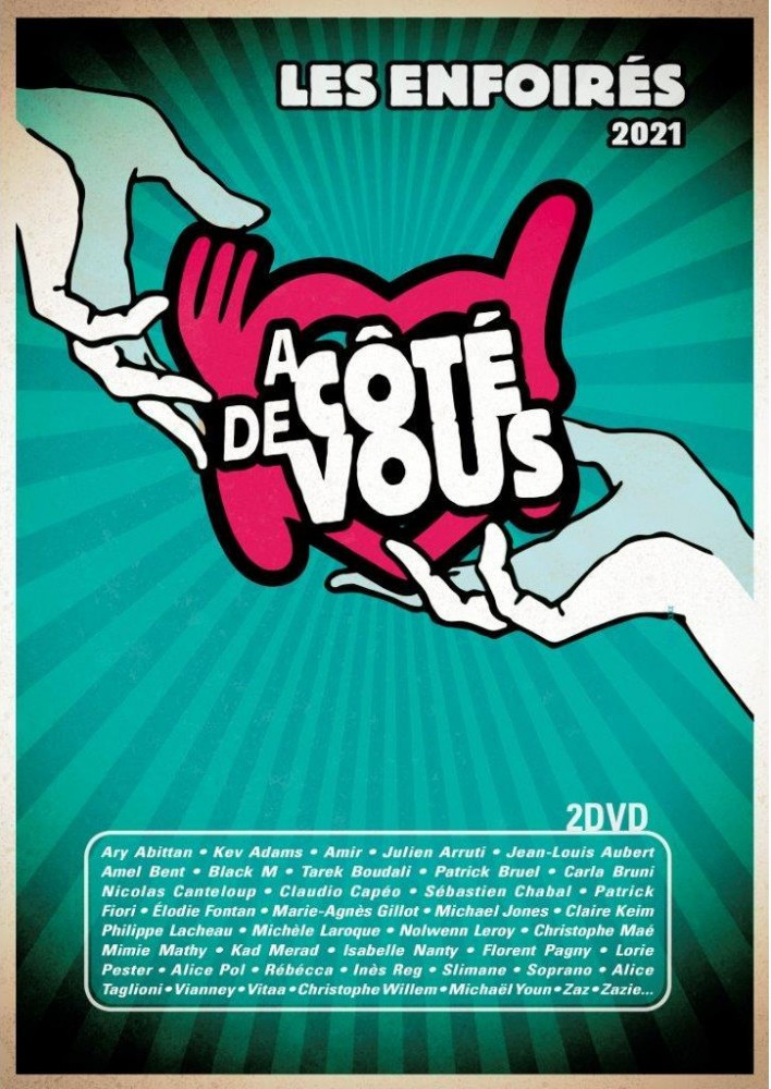 Affiche de l'événement Les Enfoirés 2021. Mains tenant un cœur. Fond turquoise.