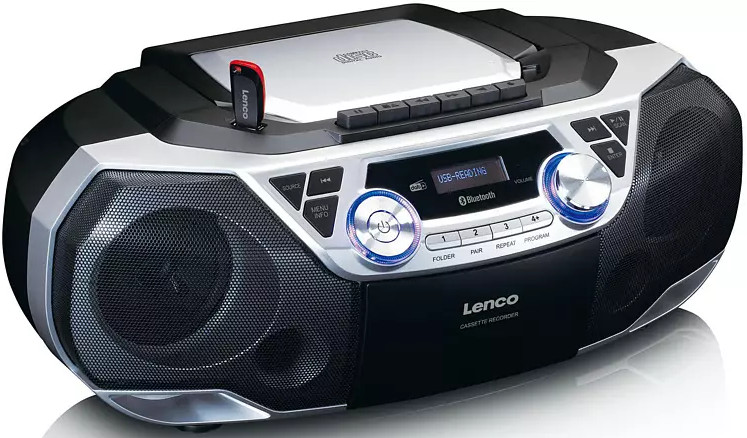 Black and silver boombox with USB and Bluetooth. Lenco brand. CD slot is visible.