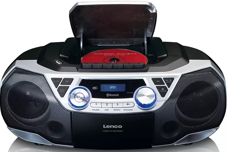 Black and silver boombox with a CD player and cassette recorder. Open CD tray, controls visible. 