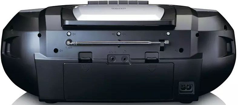 Back of a black boombox with an antenna and inputs. Lenco brand.
