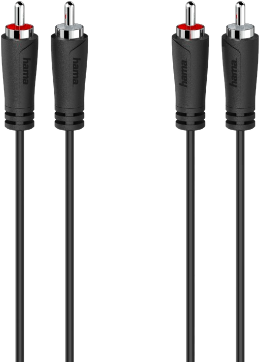 Twee paar zwarte RCA-audiokabels met rode en zilveren connectoren.