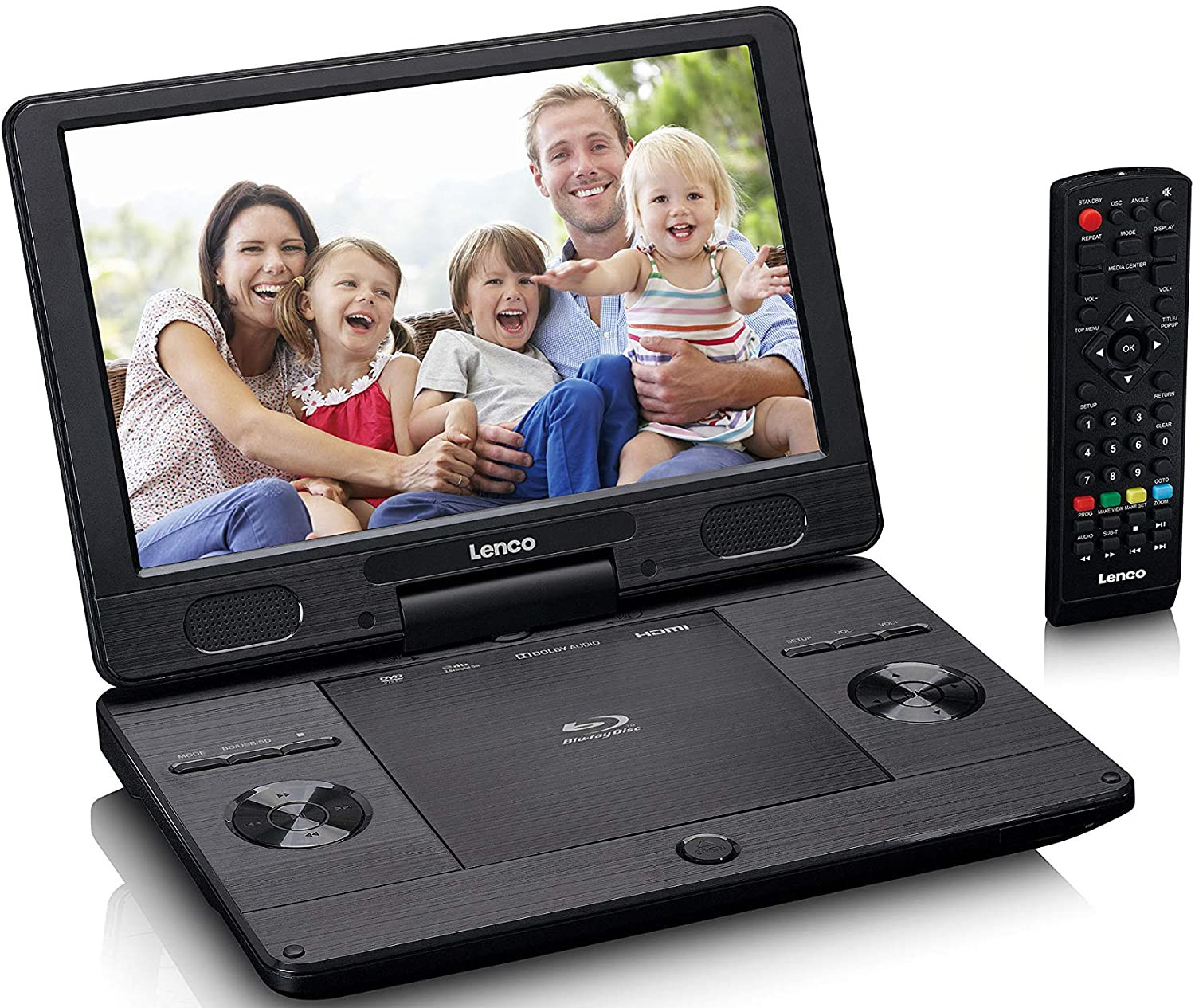 A portable DVD player displays a family photo. A remote is on the right.