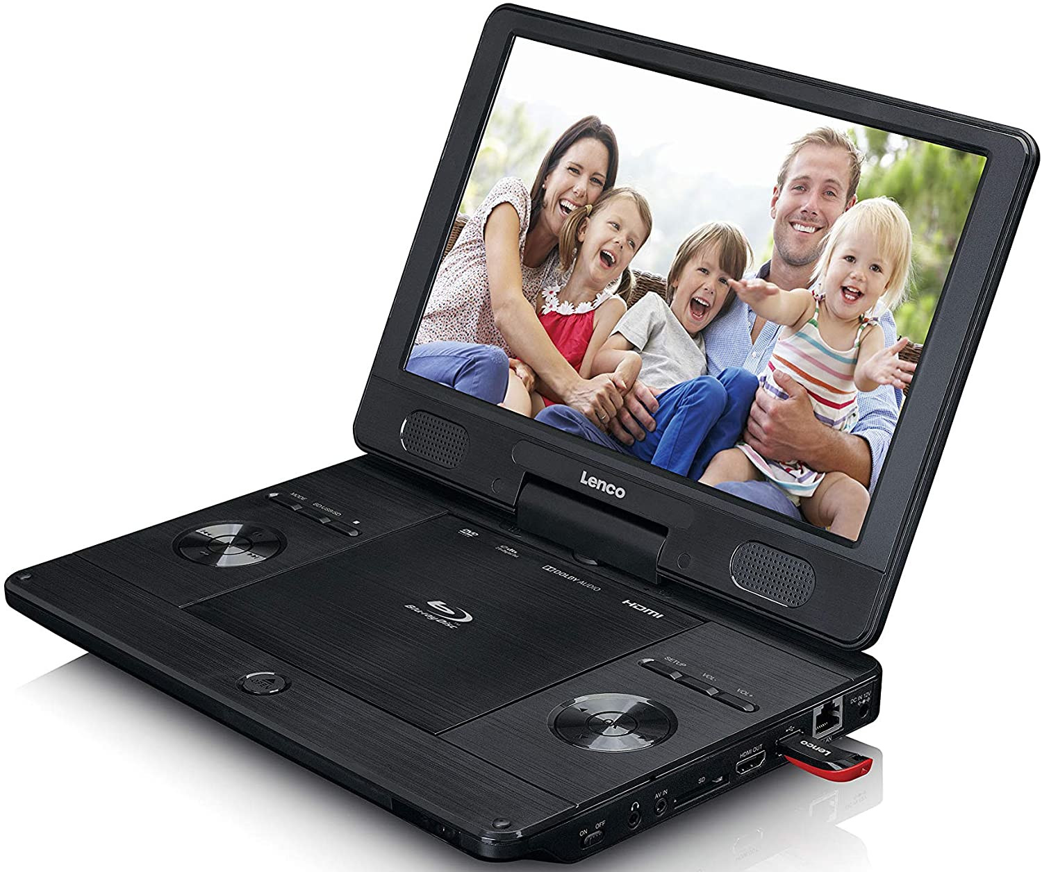 A portable DVD player showing a family watching a video.