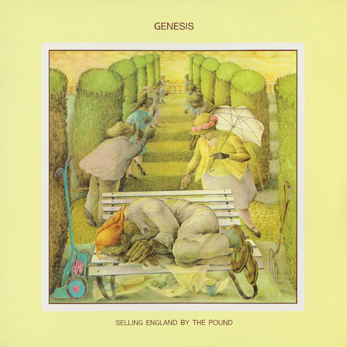 Genesis albumhoes, Selling England by the Pound. Illustratie van mensen in een tuin. Gele achtergrond.