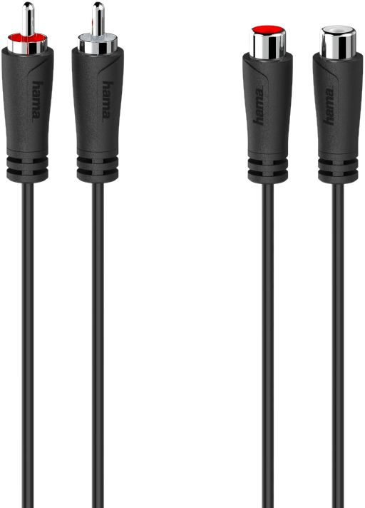 Deux jeux de câbles audio RCA, noirs avec connecteurs argentés et rouges.