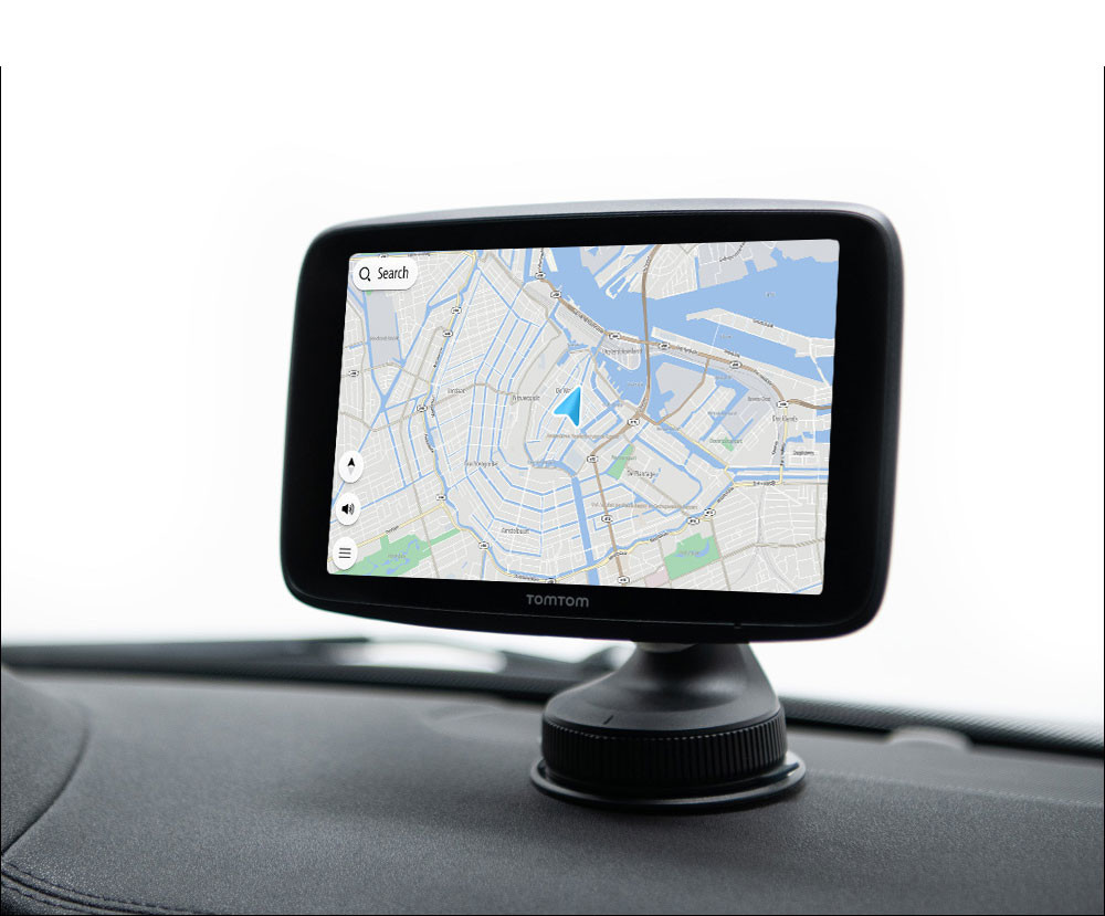 A GPS device displays a map of Amsterdam on a car dashboard with a suction cup mount.