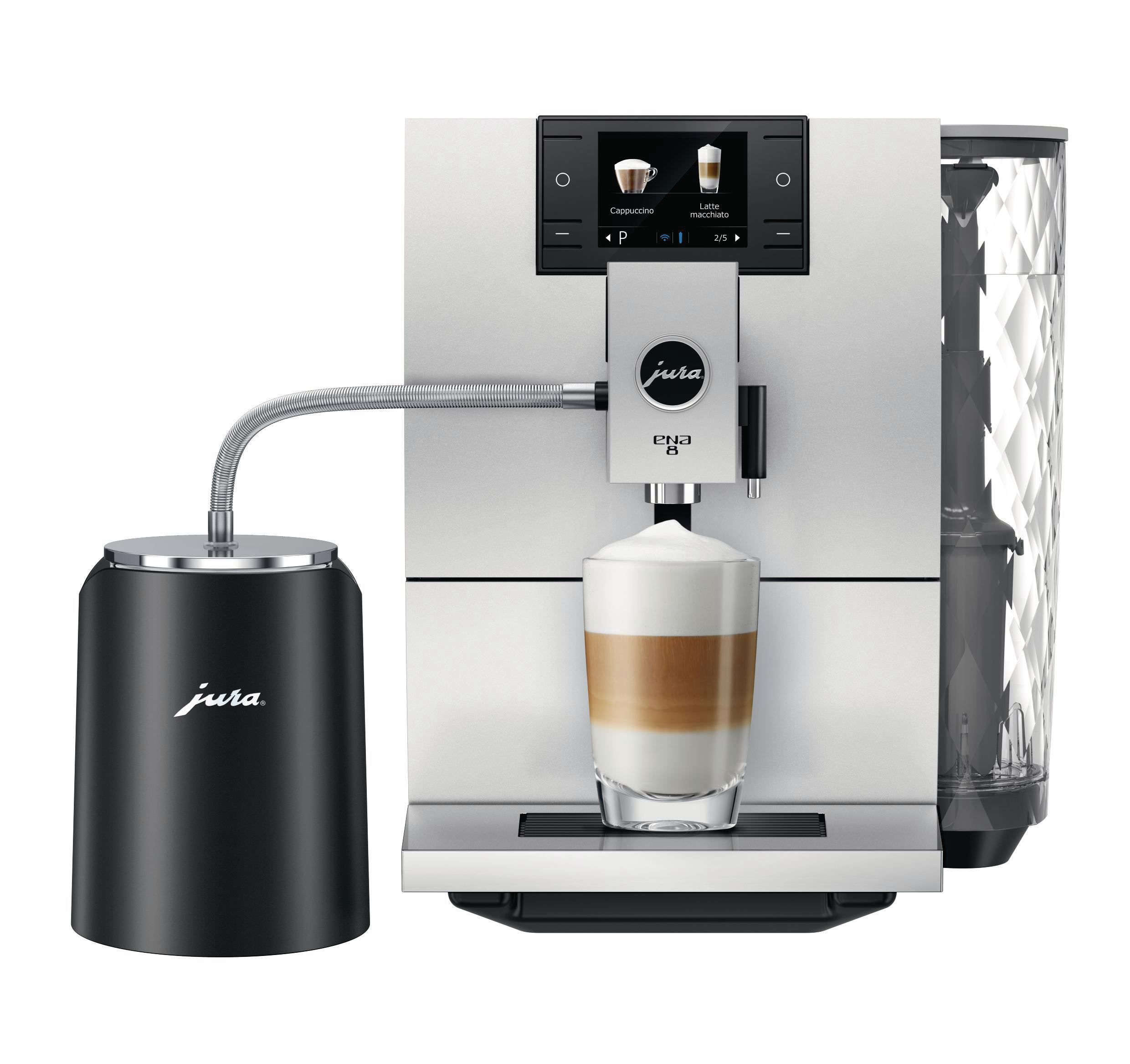 Weiße und silberne Kaffeemaschine mit Glas Kaffee und Milchaufschäumer.