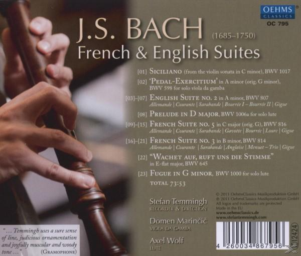 Die Rückseite einer CD-Hülle mit Text über J.S. Bachs Französische und Englische Suiten.