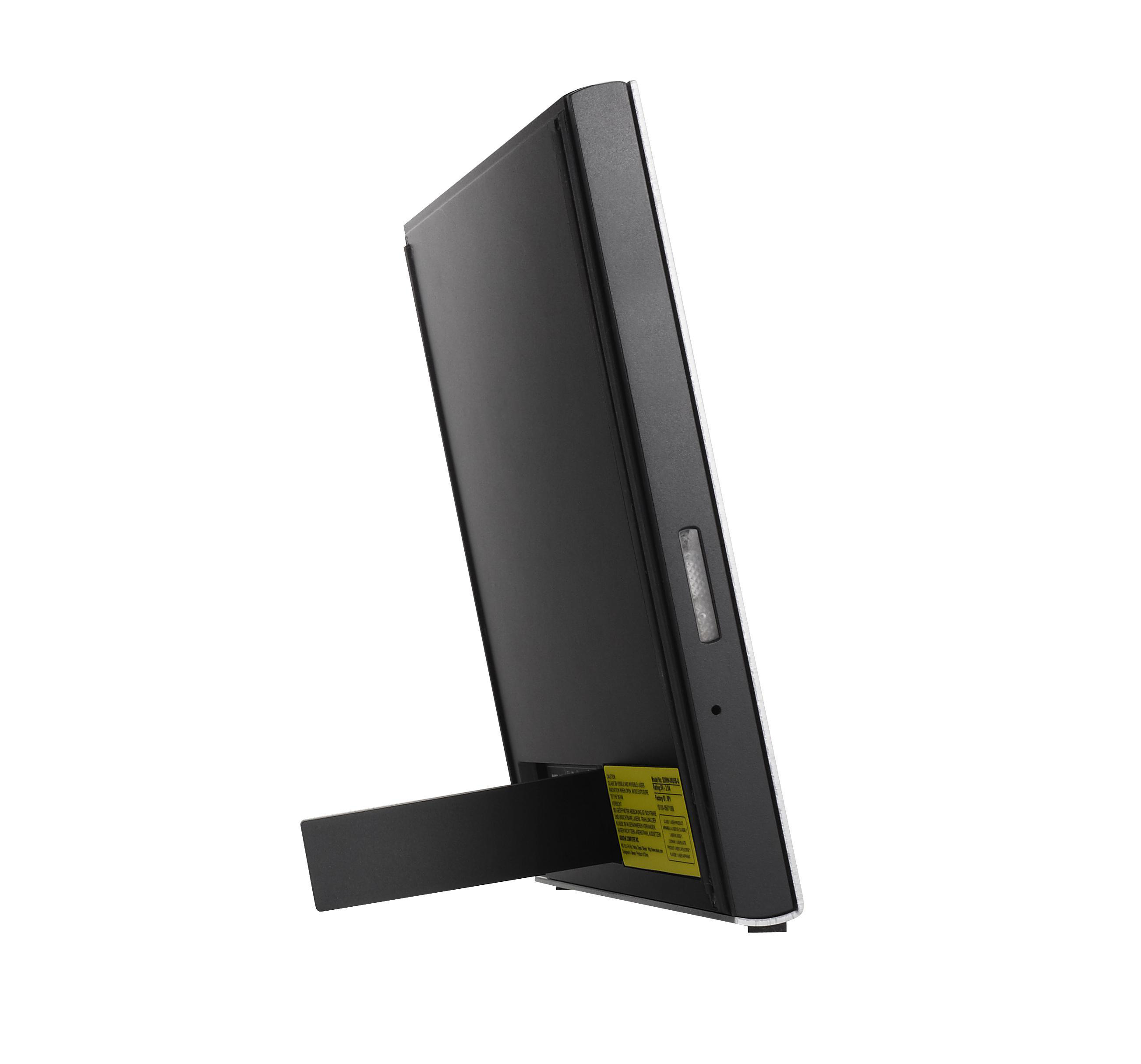 Silberner Computermonitor, schräge Ansicht. Schwarzer Ständer. Gelber Aufkleber auf der Rückseite.