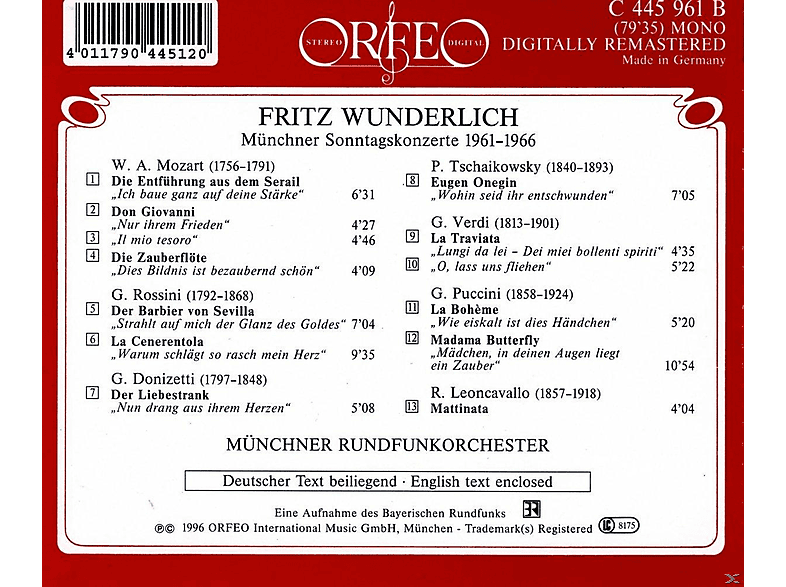 Thumbnail - Fritz Wunderlich, Münchner Rundfunkorchester - Arien:Entführung/Barbier/Liebestrank/Eugen Onegin (CD)