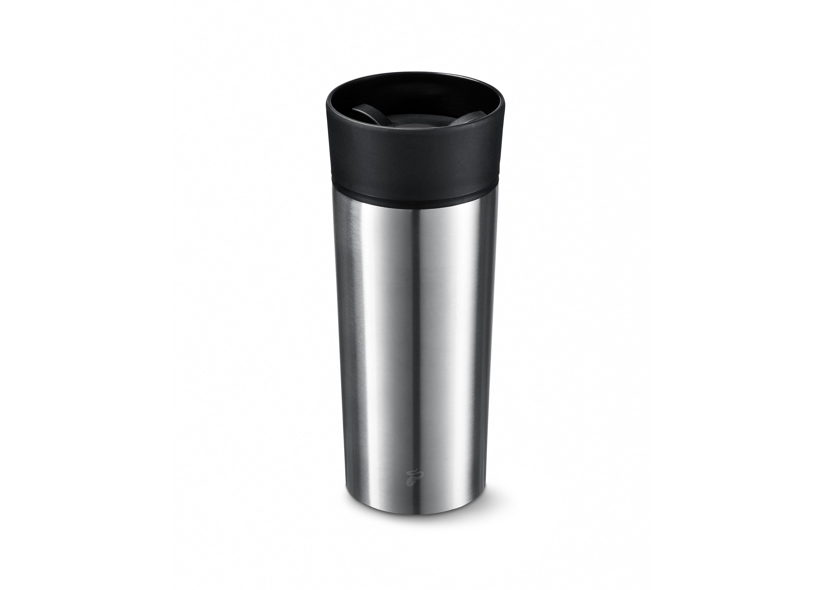 Isolierter Edelstahl-Reisebecher mit schwarzem Deckel. Minimalistisches Design.