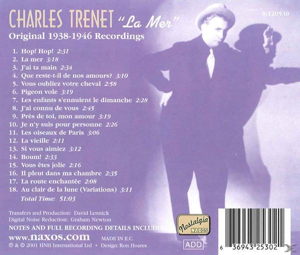 CD-Cover mit Charles Trenet. Text und Bild. Lila Hintergrund.