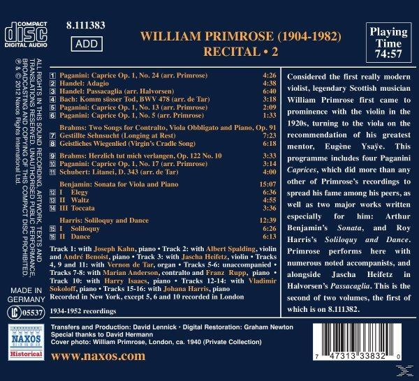 CD-Rückseite mit Titelliste und Text. Titel: William Primrose Recital. Spielzeit: 74:57.