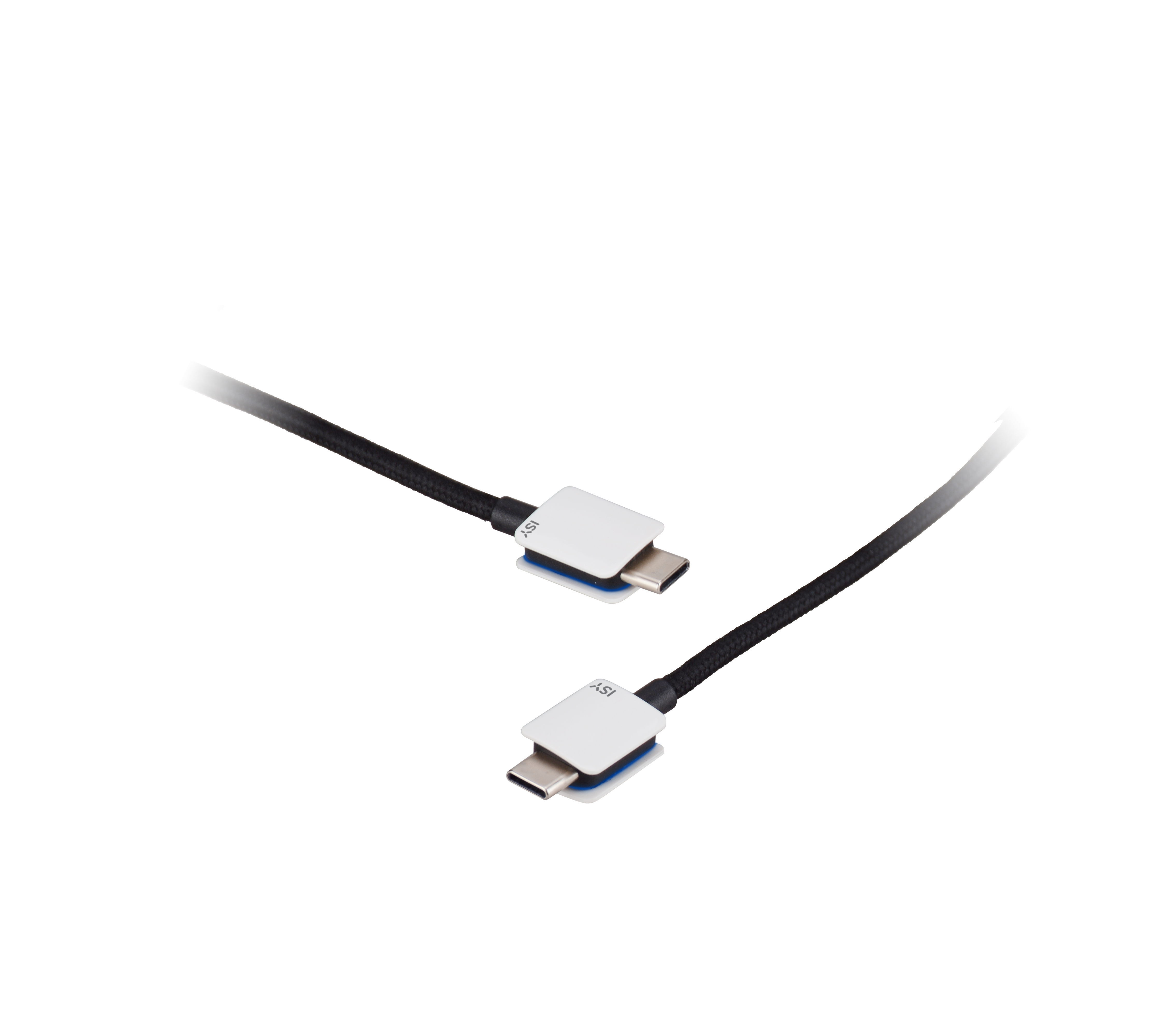 Zwei USB-C-Kabel mit weißen Steckern. Die Kabel sind schwarz mit strukturiertem Muster, auf weißem Untergrund.