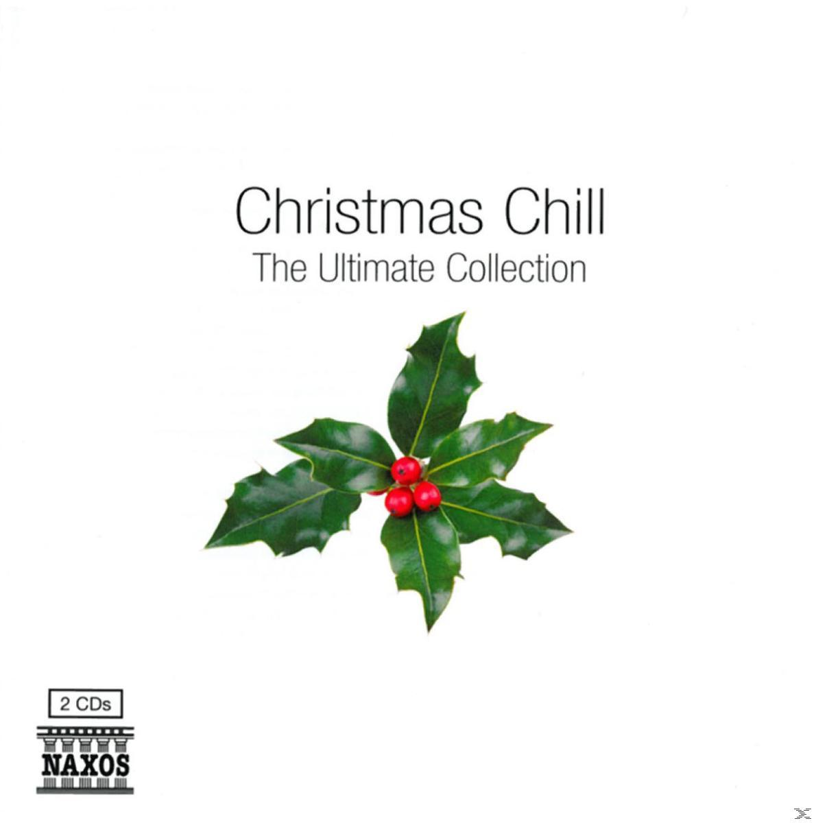 Albumcover. Weißer Hintergrund mit grüner Stechpalme und roten Beeren und dem Titel 'Christmas Chill'.
