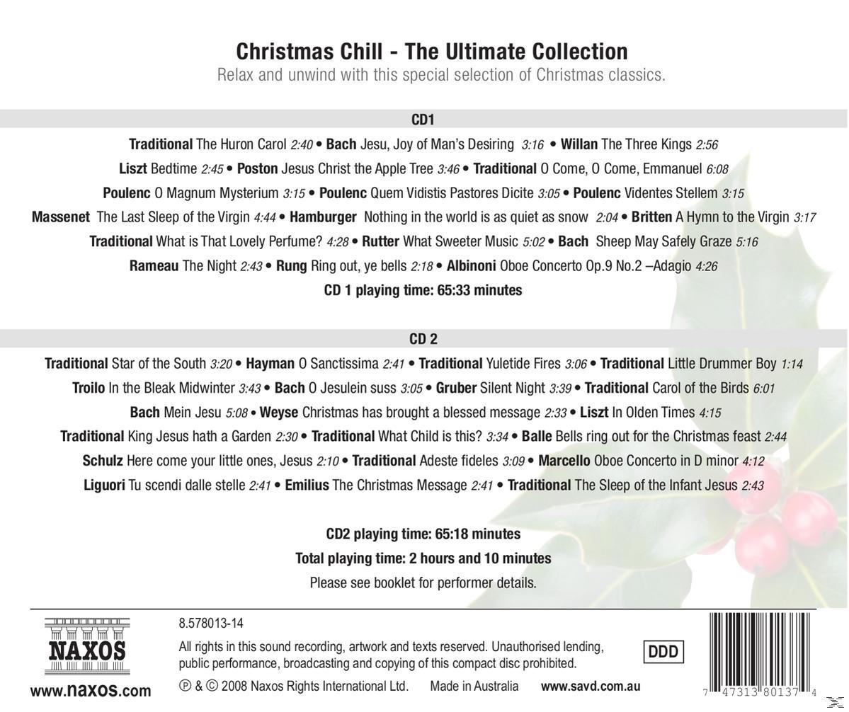 CD-Rückseite mit Titelliste und Text. Titel: Christmas Chill - The Ultimate Collection.