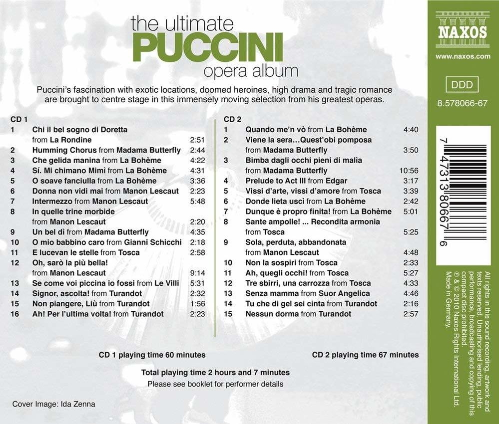 CD-Cover des Puccini-Opernalbums. Text und eine Liste der Songs sind sichtbar. Der Hintergrund ist weiß.