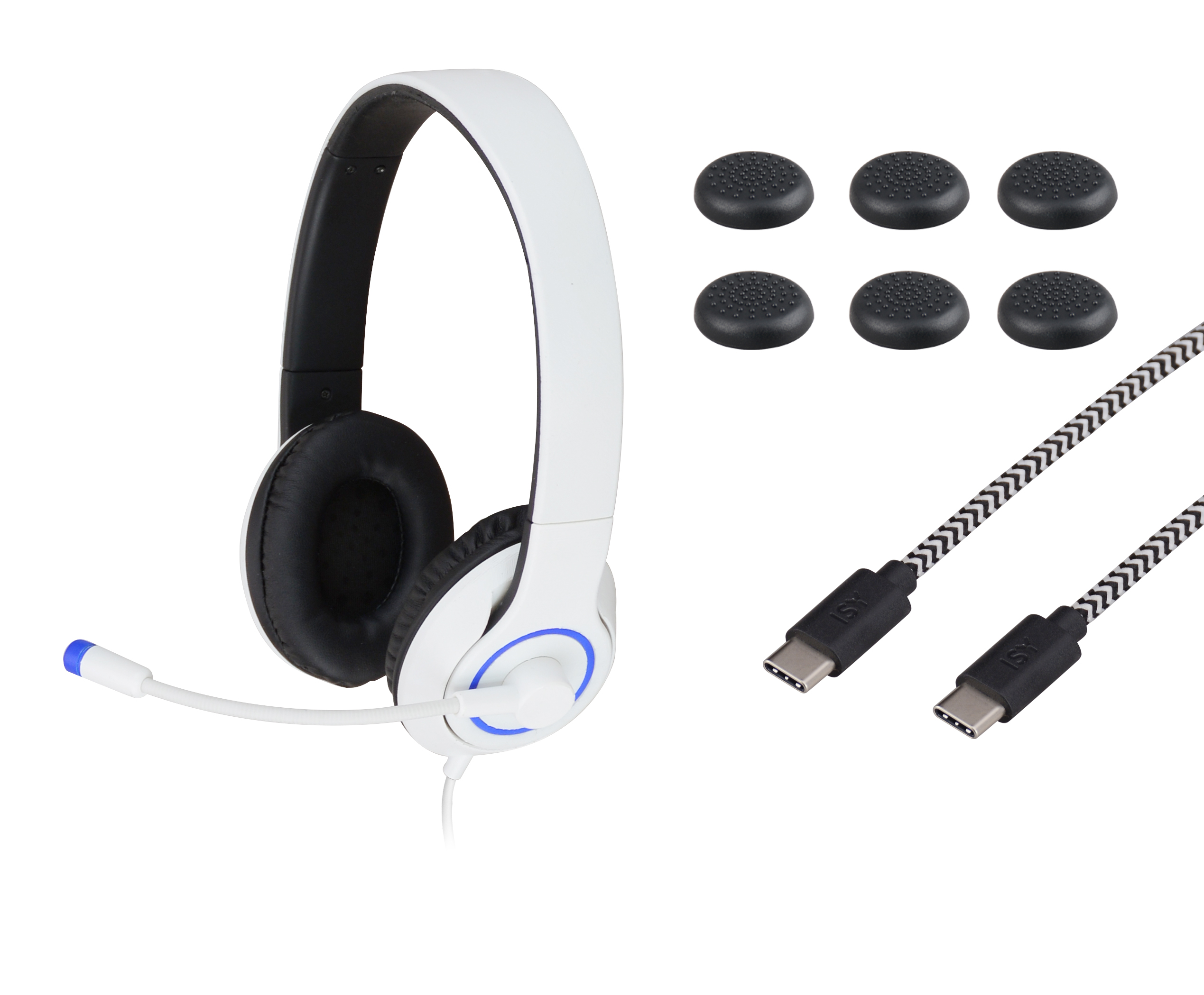 Weißes Headset mit Mikrofon und zwei USB-C-Kabeln, sowie sechs schwarzen Joystick-Kappen.