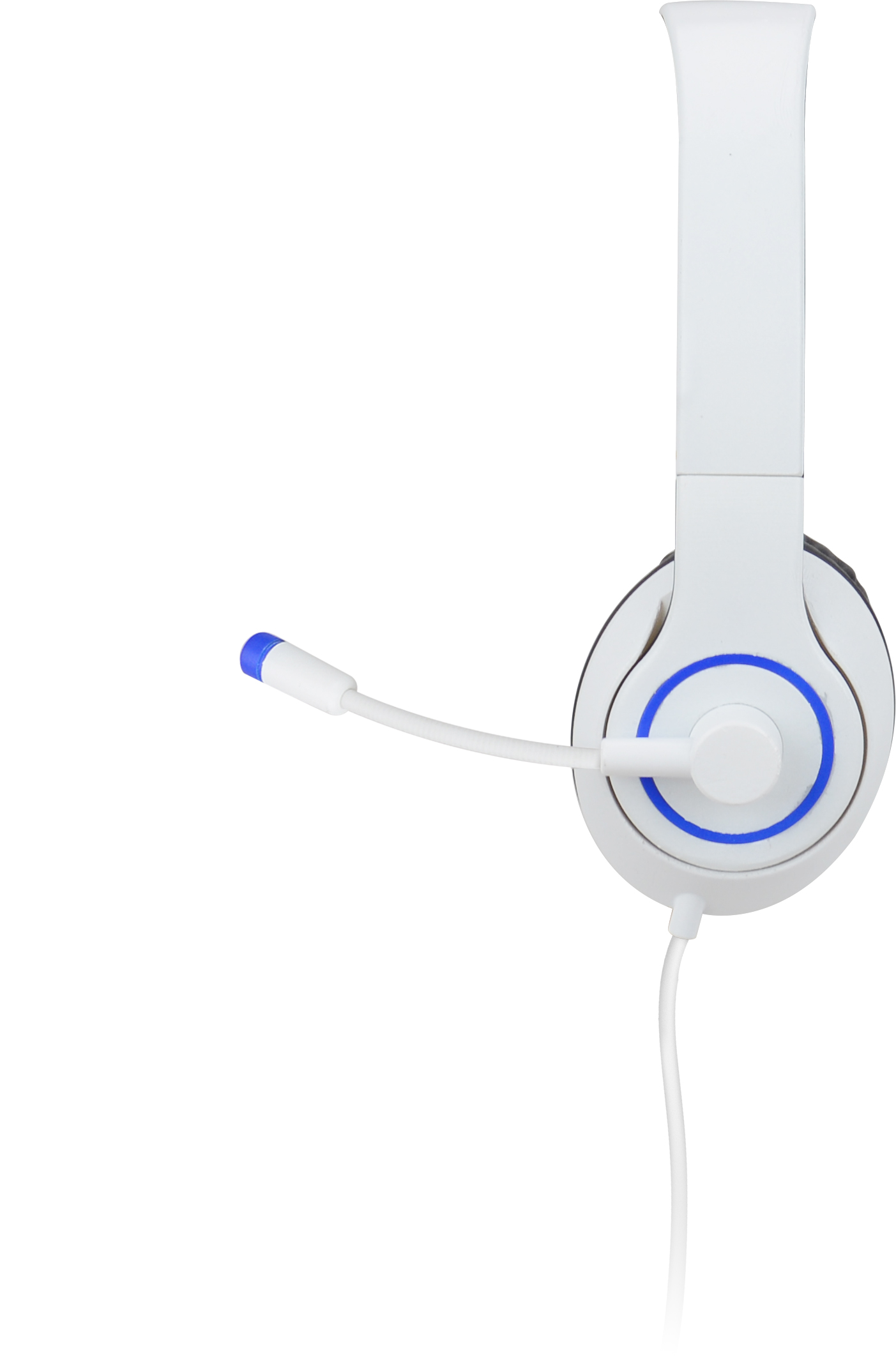 Weißes Gaming-Headset mit blauem Akzent auf weißem Hintergrund. Das Mikrofon ist ausgefahren.