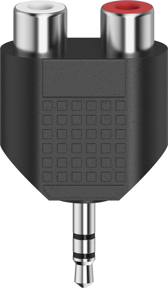 Adaptateur noir avec deux connecteurs RCA et une prise jack 3,5 mm.