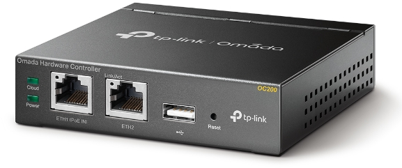 Schwarzer TP-Link Omada Hardware-Controller mit Anschlüssen, USB und Reset-Taste.