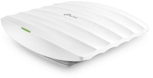 Ein weißes TP-Link Access Point Gerät mit einem grünen Licht auf der Oberseite.