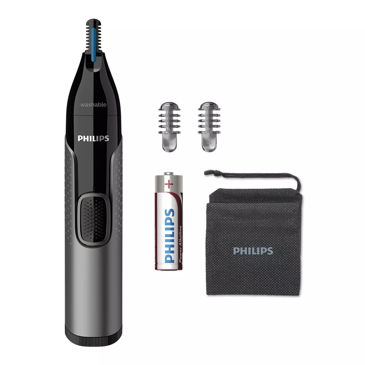 Philips orrszőrnyíró tartozékokkal, elemmel és tárolótáskával.