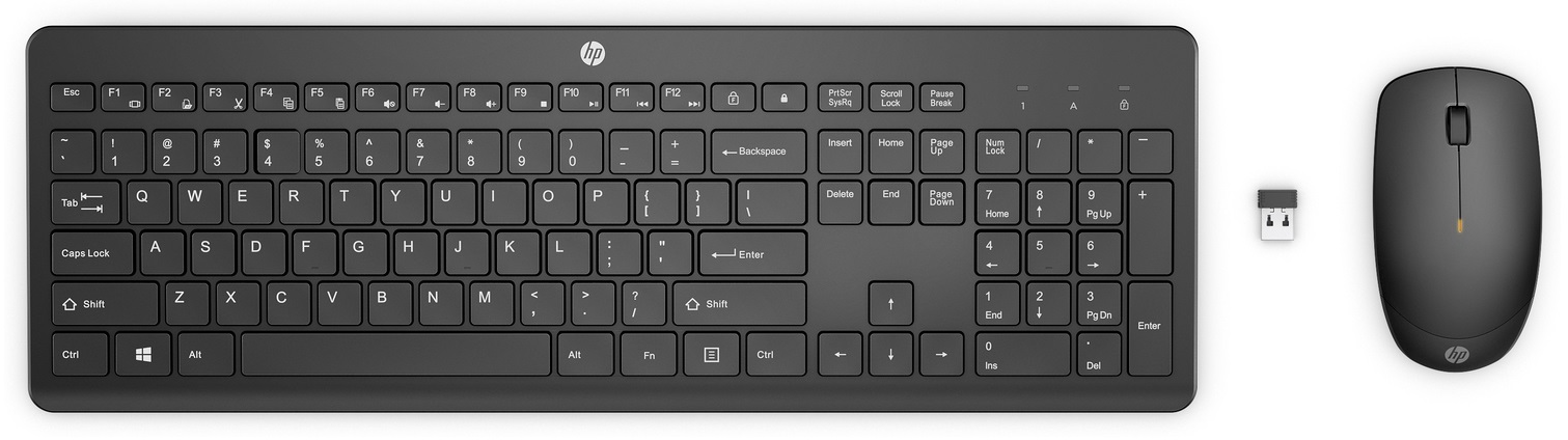 Schwarze drahtlose HP-Tastatur mit Maus und USB-Empfänger.