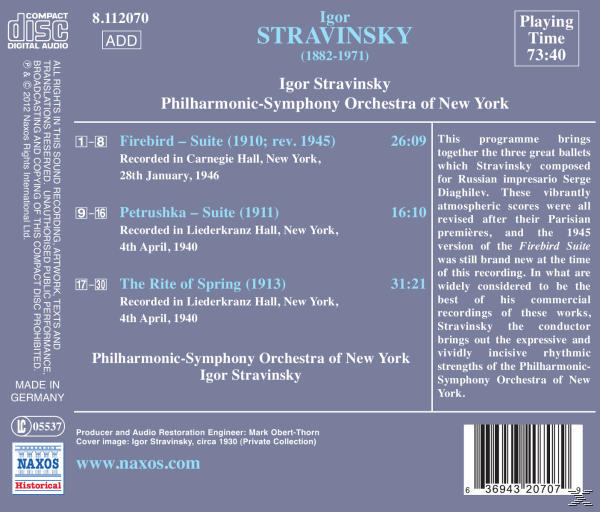 Igor & New York Philharmonic Orchestra Strawinsky - Strawinsky dirigiert Strawinsky  - (CD)