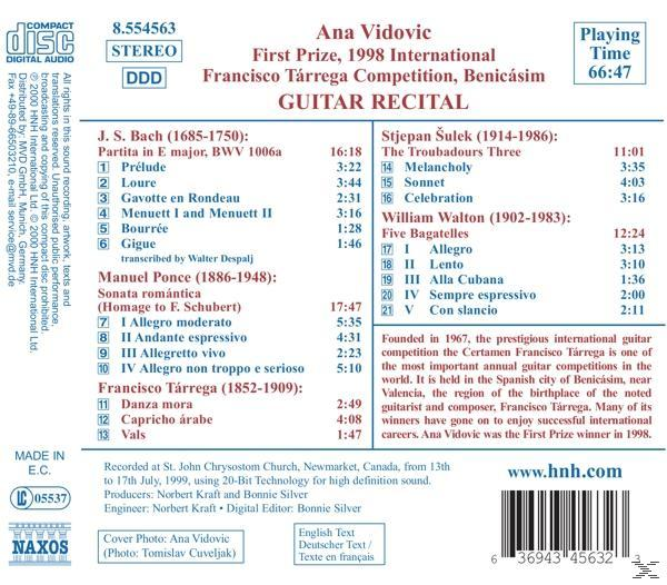 Eine CD-Hülle mit Text über Ana Vidovic und ein Gitarren-Recital. Schwarzer Text auf Weiß.