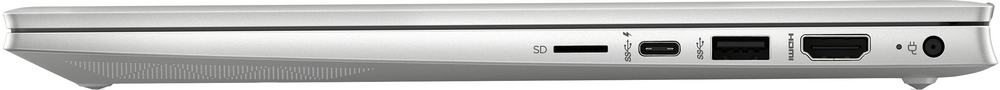 Vista lateral de un portátil plateado con puertos: SD, USB-C, USB, HDMI y alimentación.