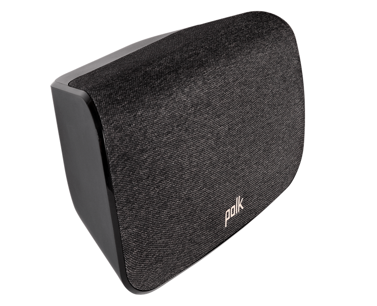 Schwarzer Polk Audio-Lautsprecher mit schwarzem Hintergrund.