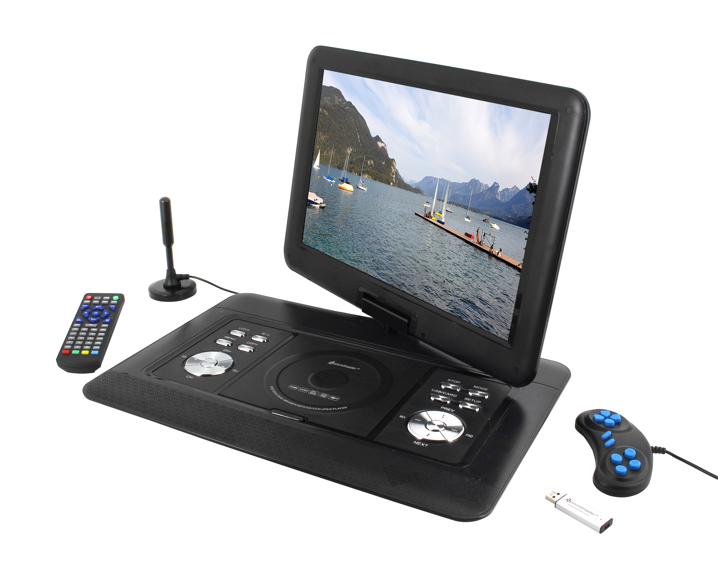 Tragbarer DVD-Player mit einer Seeszene, mit Fernbedienung und Gamepad.