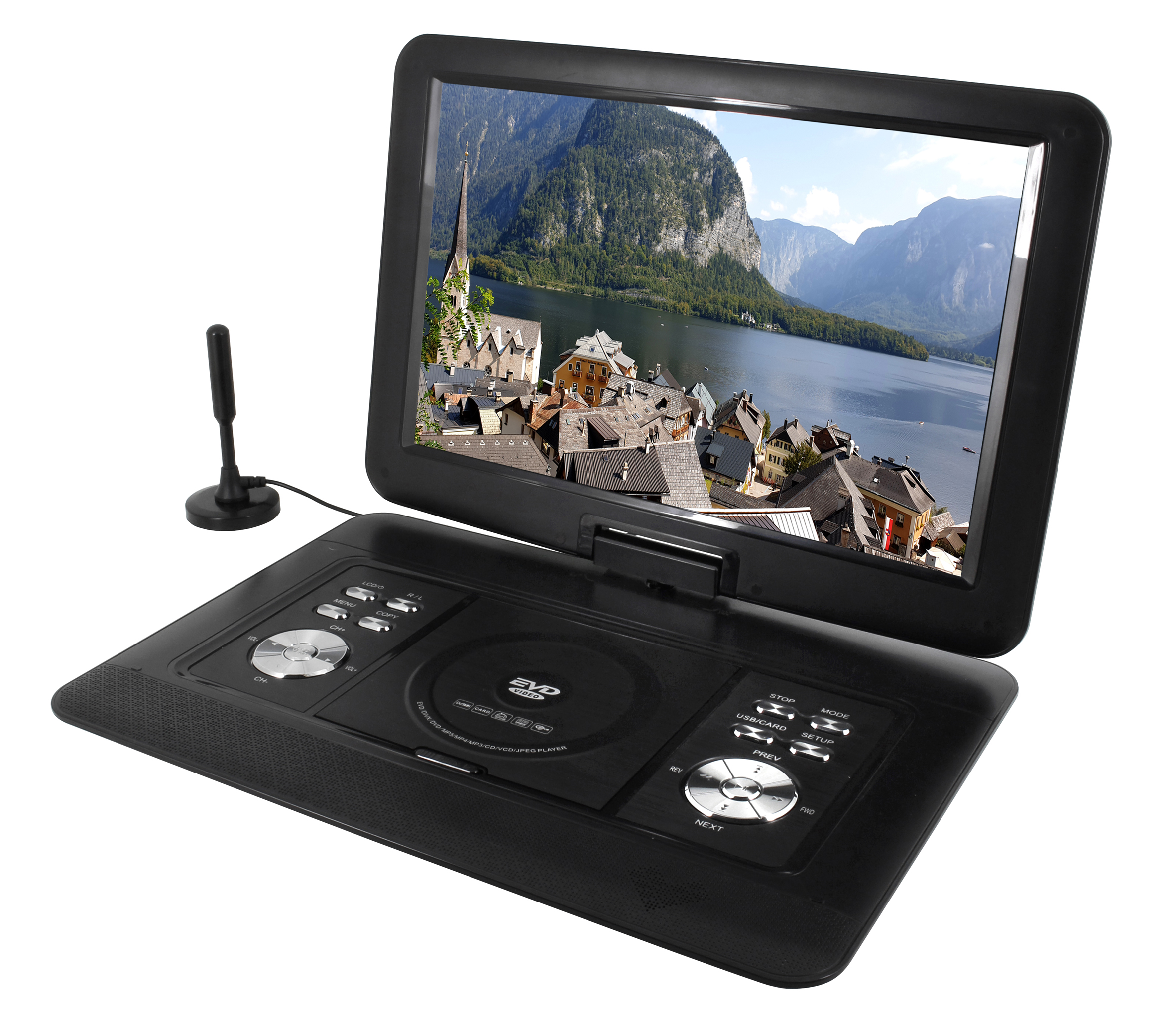 Schwarzer tragbarer DVD-Player mit einem Bildschirm, der eine Bergseeszene zeigt.