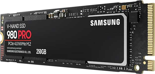 A black Samsung SSD drive with red and white text. It says '980 PRO' and '250GB'.