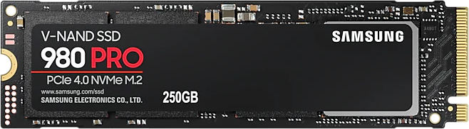 Black SSD card. Samsung 980 PRO. 250GB.  V-NAND.  PCIe 4.0 NVMe M.2. White background.