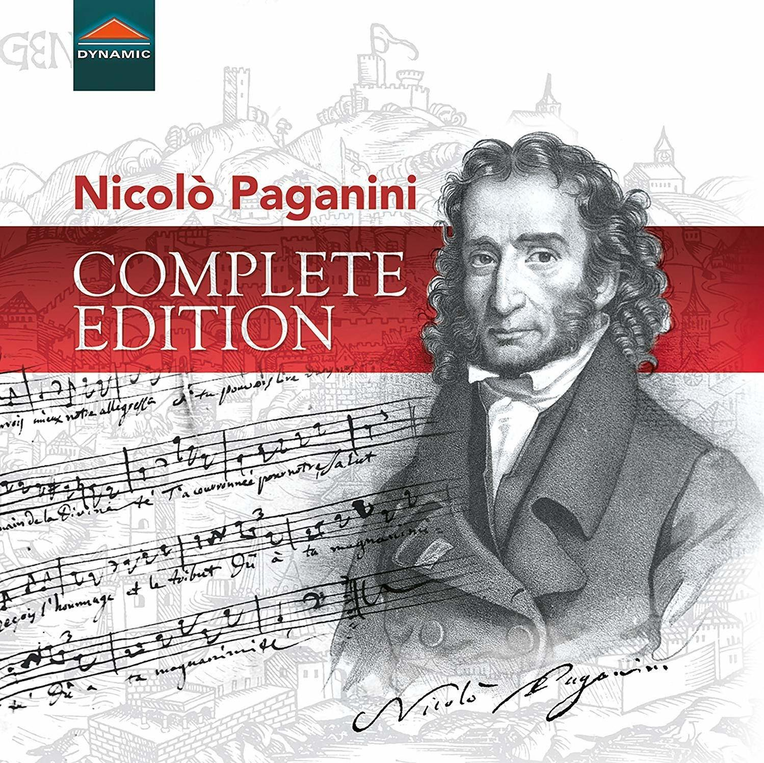 CD-Cover von Nicolò Paganini Complete Edition. Enthält ein Porträt, Noten und Logo.