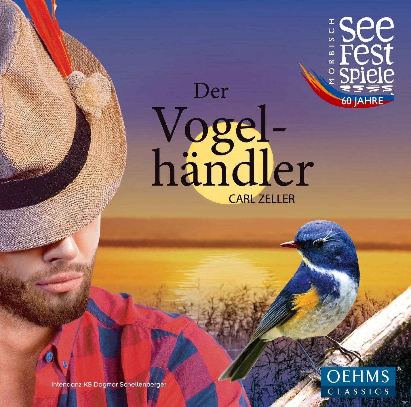 Ein Mann mit Hut und Vogel. Ein Vogel sitzt auf einem Ast, mit Sonnenuntergang im Hintergrund.