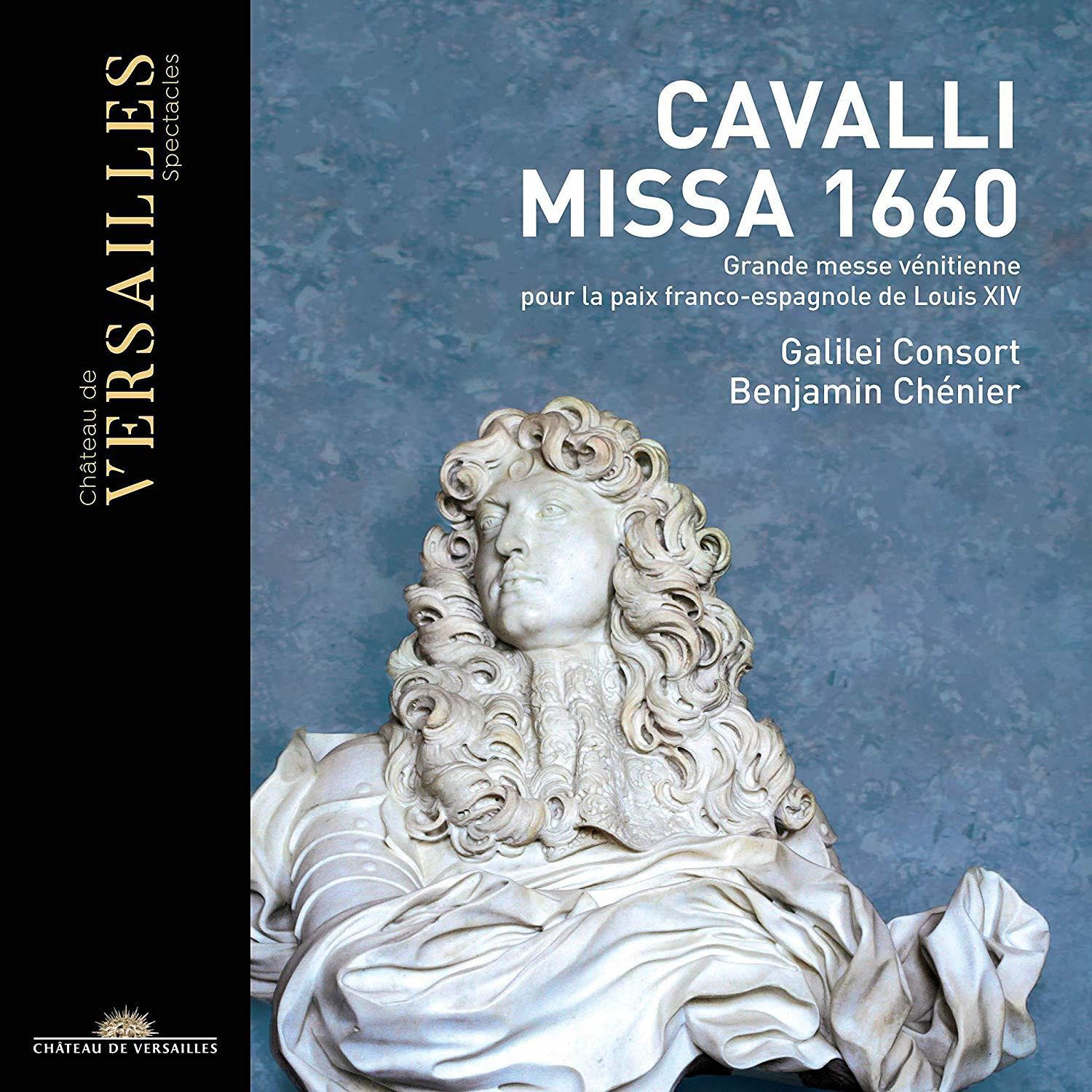 CD-Cover mit einer Skulptur einer Büste eines Mannes und Text über Cavallis Missa 1660.