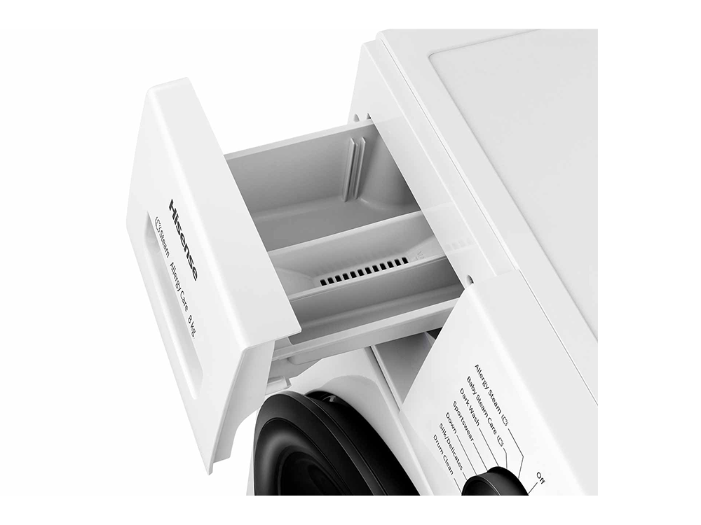 Primer plano de un cajón de lavadora blanco. Compartimentos interiores visibles.