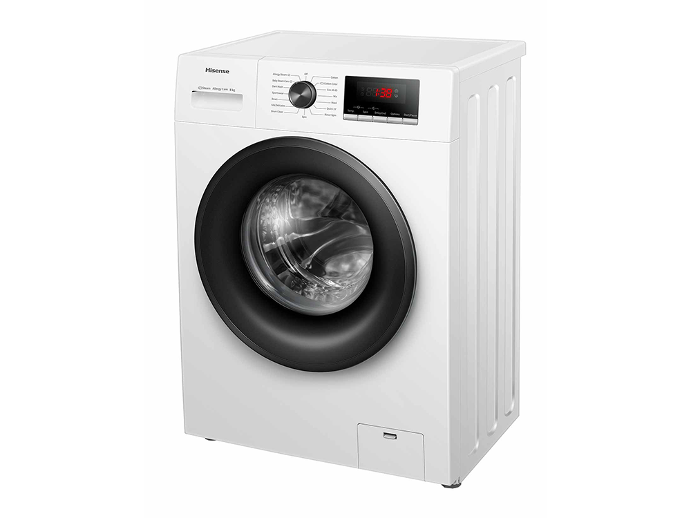 Lavadora blanca con puerta negra y panel de control.