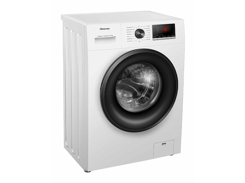 Lavadora Hisense blanca, vista frontal, con puerta negra y panel de control.