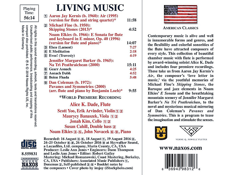 Thumbnail - Alice K./+ Dade - Living Music: New Chamber Music for Flute (CD)