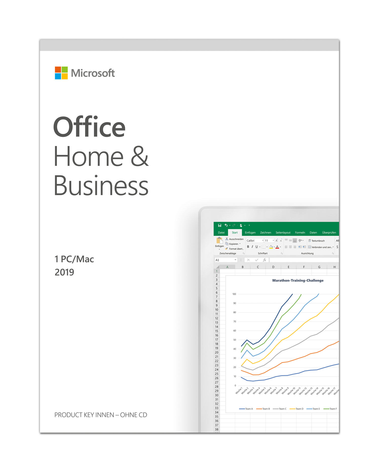 Boîte du logiciel Microsoft Office Home & Business, avec capture d'écran d'une feuille de calcul.