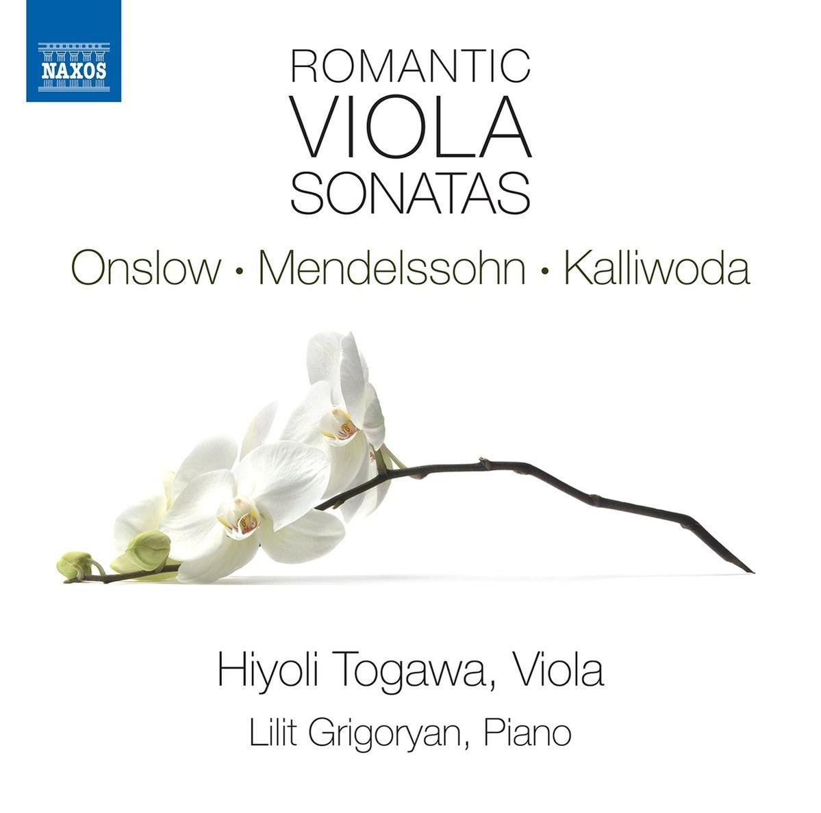 CD-Cover: weiße Orchideen auf weißem Hintergrund, Text 'Romantic Viola Sonatas' und Namen von Komponisten und Interpreten.