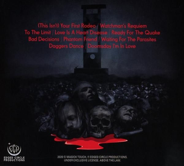 Album borító szöveggel és egy guillotine és levágott fejek grafikájával, sötét háttérrel.