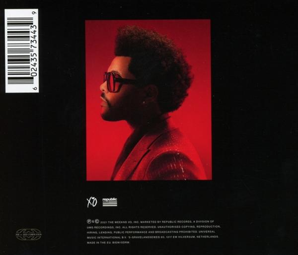 Pochette d'album de The Weeknd, une photo de profil de The Weeknd avec des lunettes de soleil rouges et fond rouge.