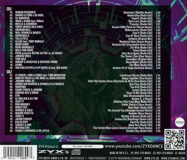 CD-Rückseite mit einer Liste von Liedern und Künstlern, mit einem lila-grünen Design.