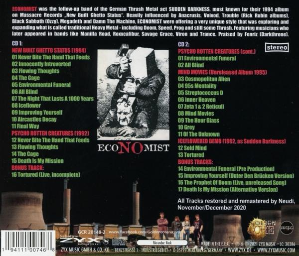 Ein CD-Cover mit der Aufschrift ECONOMIST und einer Gruppe von Leuten mit Text über den Inhalt des Albums.